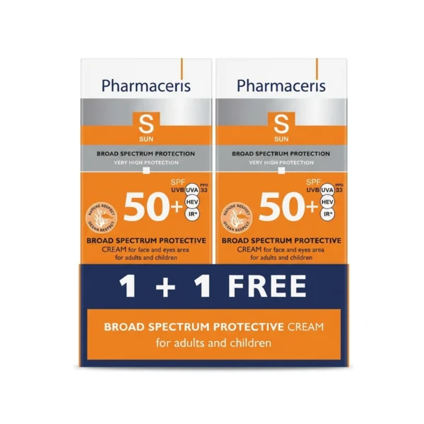 Gemini_Generated_Image_ (26) واقي شمس فارماسيريس — Pharmaceris S Broad Spectrum Protective Cream SPF50+ 1+1 — 2×50ml